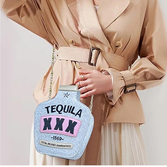 Crossbody Novelty Tequila Sparkly Silver Bag Purse Zip Close Crossbody - Picture 15 of 16
